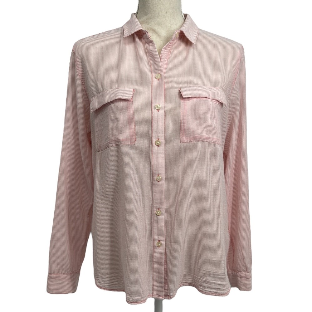 Gap Shirt Hi Lo Boyfriend Tunic Button Up Roll Tab Long Sleeve Striped Womens M
